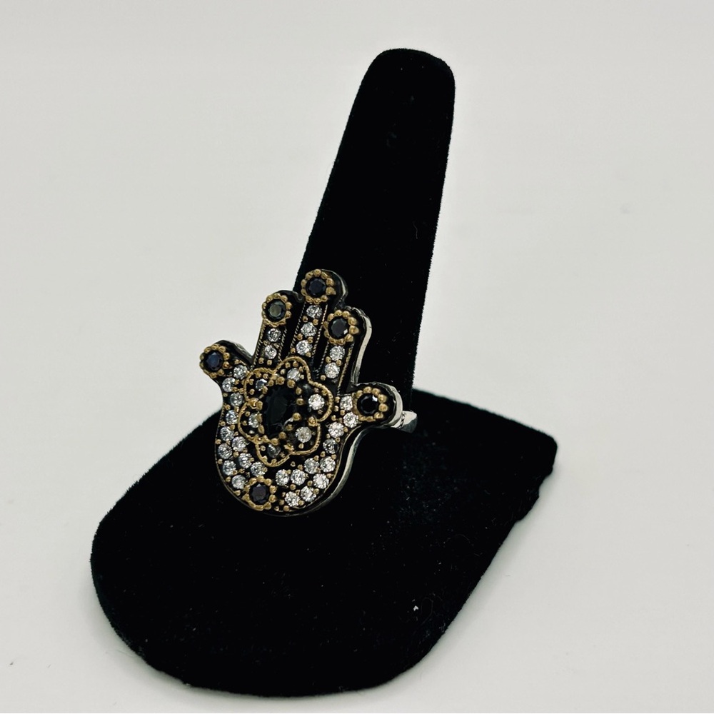 Sterling Silver Hamsa Statement Ring With Black &… - image 2